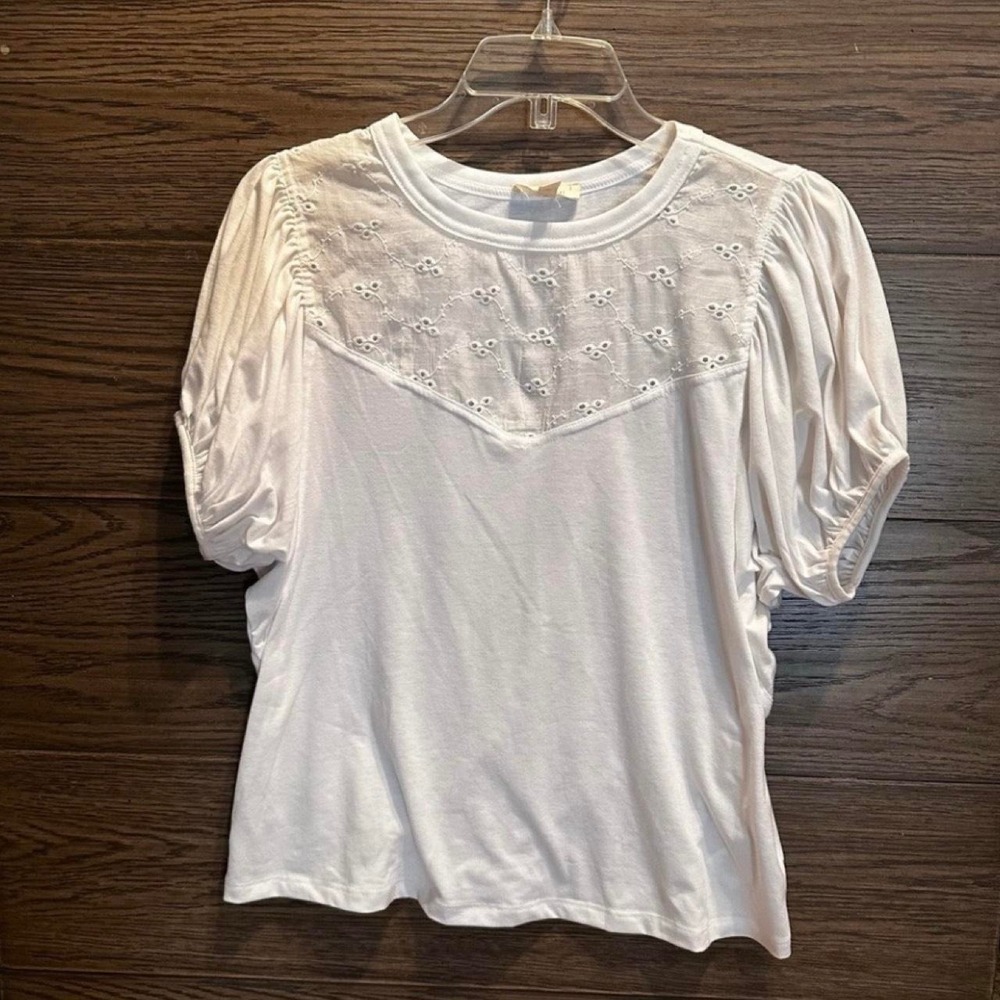 Womens White Boho Blouse Eyelet Lace Puff Shortsleeve Coquette